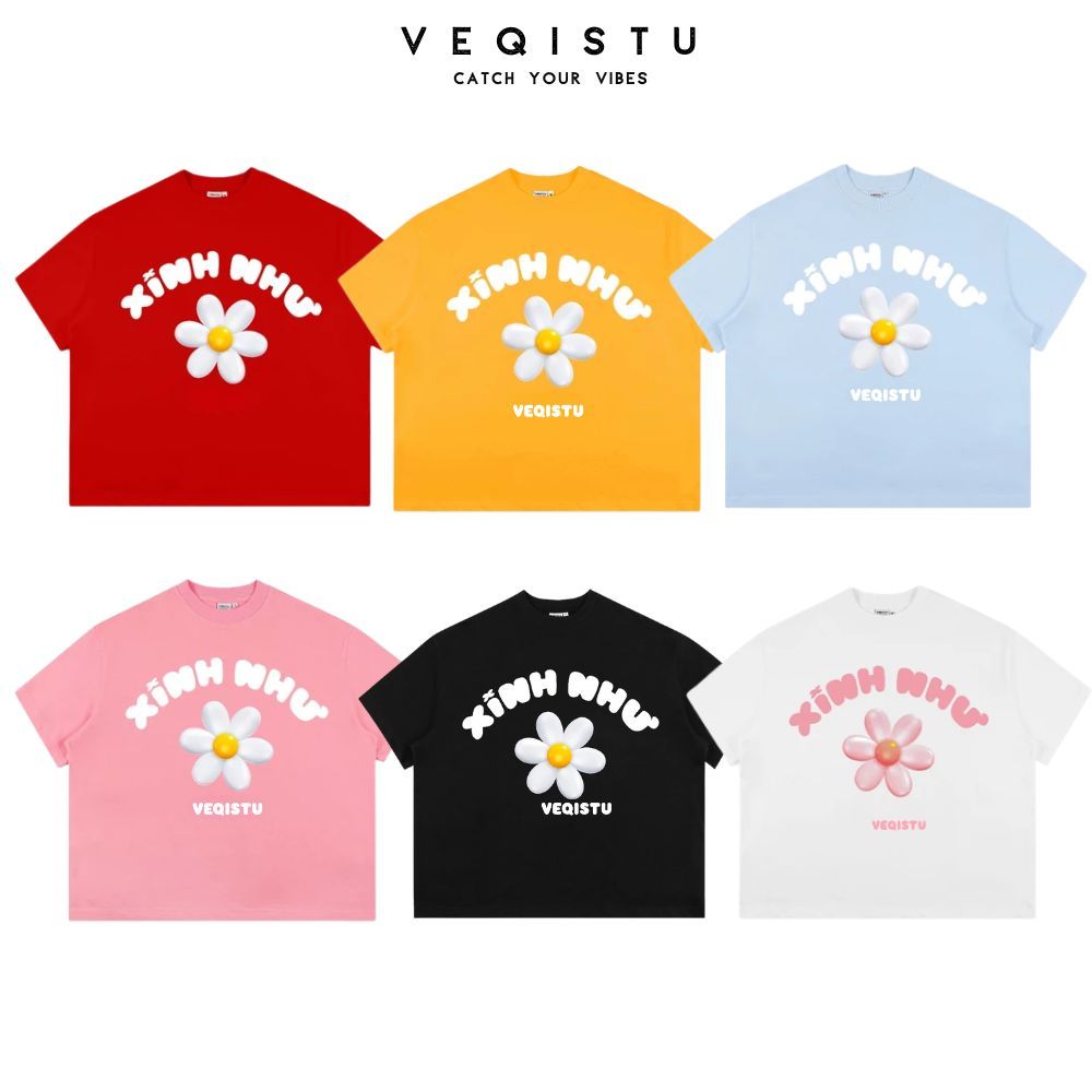 Áo Thun Local Brand VEQISTU " Xinh Như Hoa ", Áo Thun Boxy Form Rộng Unisex 250Gsm 100% Cotton