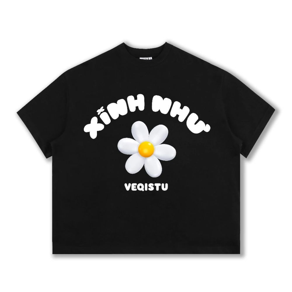 Áo Thun Local Brand VEQISTU " Xinh Như Hoa ", Áo Thun Boxy Form Rộng Unisex 250Gsm 100% Cotton