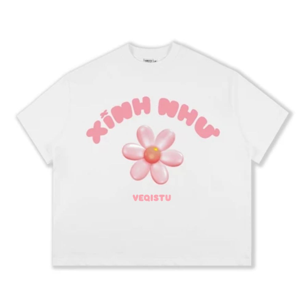 Áo Thun Local Brand VEQISTU " Xinh Như Hoa ", Áo Thun Boxy Form Rộng Unisex 250Gsm 100% Cotton